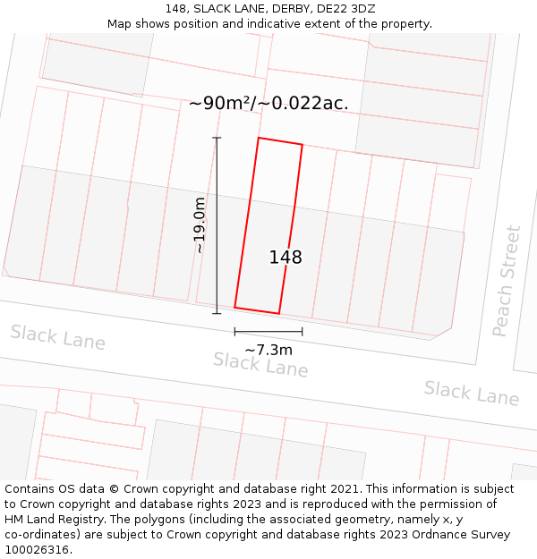 148, SLACK LANE, DERBY, DE22 3DZ: Plot and title map