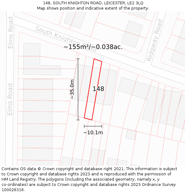 148, SOUTH KNIGHTON ROAD, LEICESTER, LE2 3LQ: Plot and title map