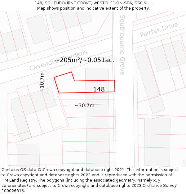 148, SOUTHBOURNE GROVE, WESTCLIFF-ON-SEA, SS0 9UU: Plot and title map