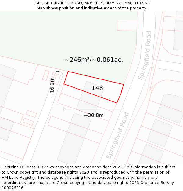 148, SPRINGFIELD ROAD, MOSELEY, BIRMINGHAM, B13 9NF: Plot and title map
