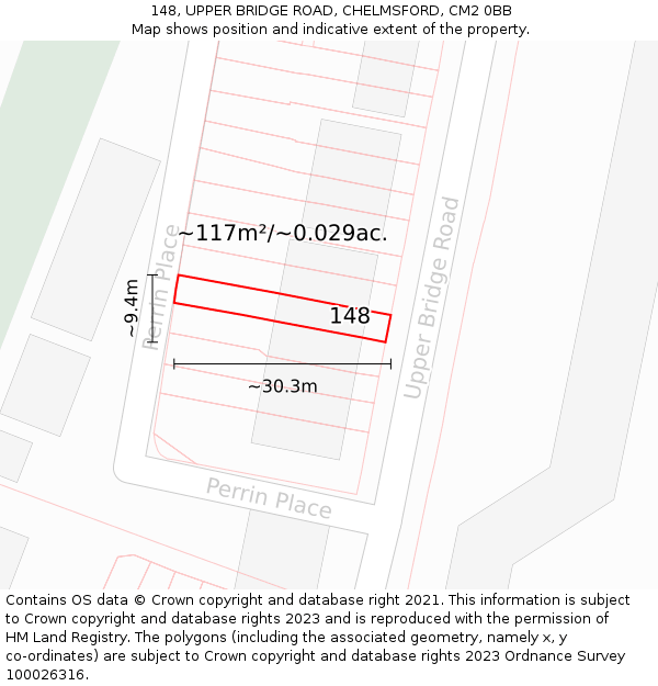 148, UPPER BRIDGE ROAD, CHELMSFORD, CM2 0BB: Plot and title map