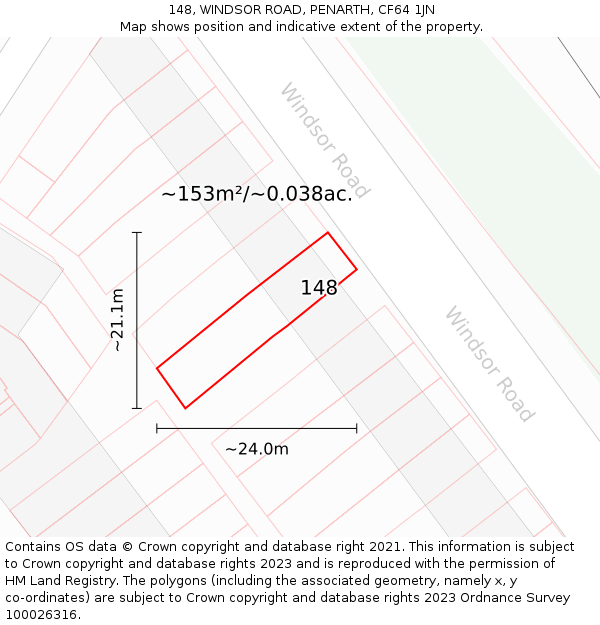 148, WINDSOR ROAD, PENARTH, CF64 1JN: Plot and title map