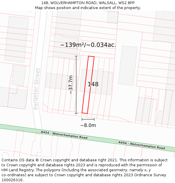 148, WOLVERHAMPTON ROAD, WALSALL, WS2 8PP: Plot and title map
