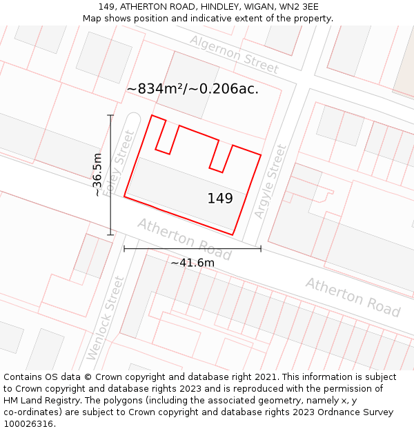 149, ATHERTON ROAD, HINDLEY, WIGAN, WN2 3EE: Plot and title map