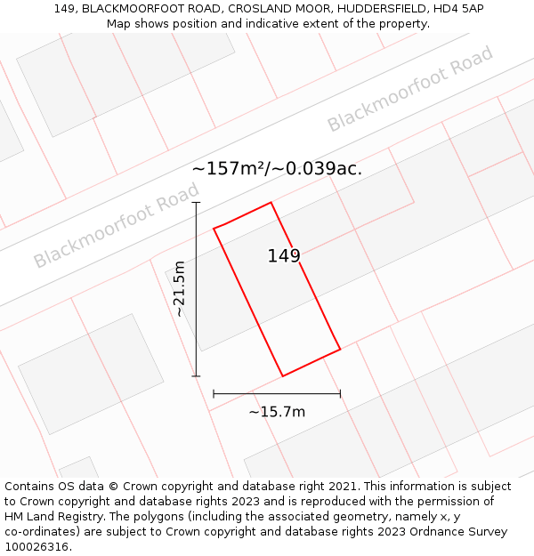 149, BLACKMOORFOOT ROAD, CROSLAND MOOR, HUDDERSFIELD, HD4 5AP: Plot and title map