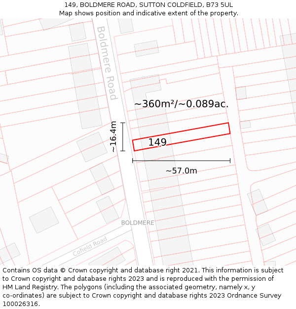 149, BOLDMERE ROAD, SUTTON COLDFIELD, B73 5UL: Plot and title map