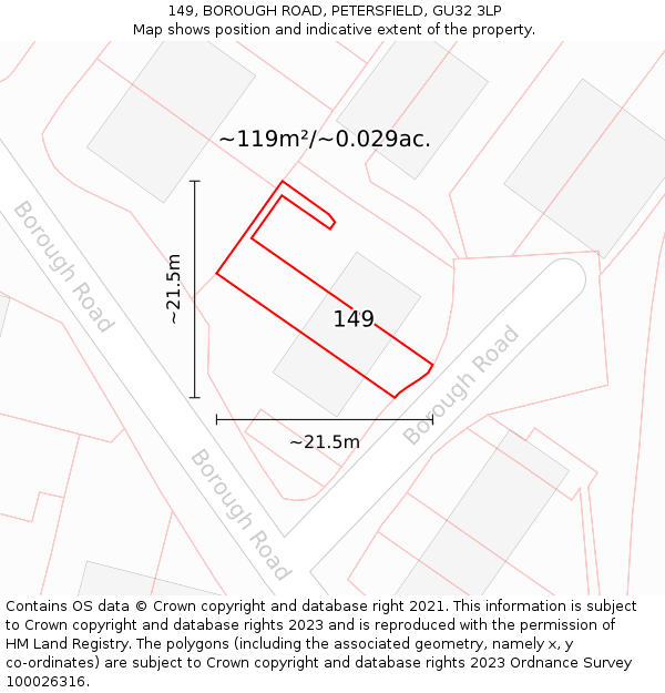 149, BOROUGH ROAD, PETERSFIELD, GU32 3LP: Plot and title map