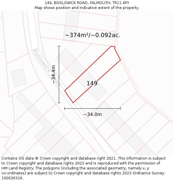 149, BOSLOWICK ROAD, FALMOUTH, TR11 4PY: Plot and title map