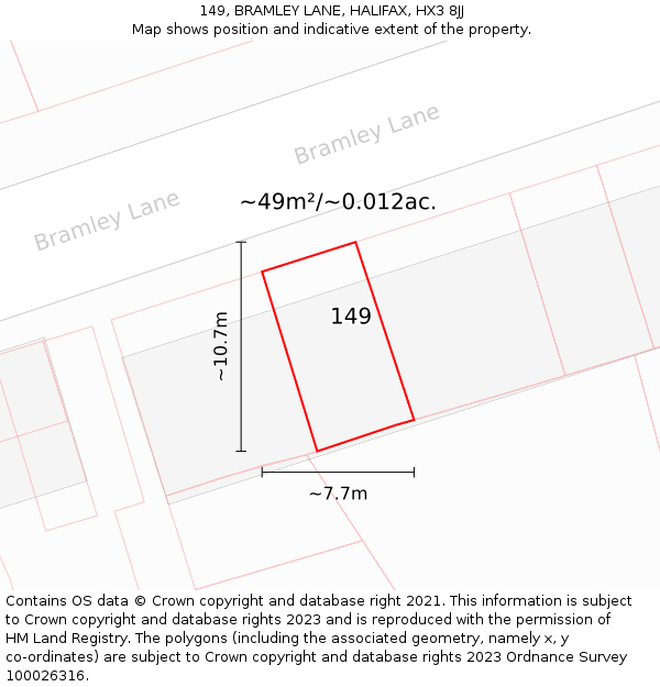 149, BRAMLEY LANE, HALIFAX, HX3 8JJ: Plot and title map