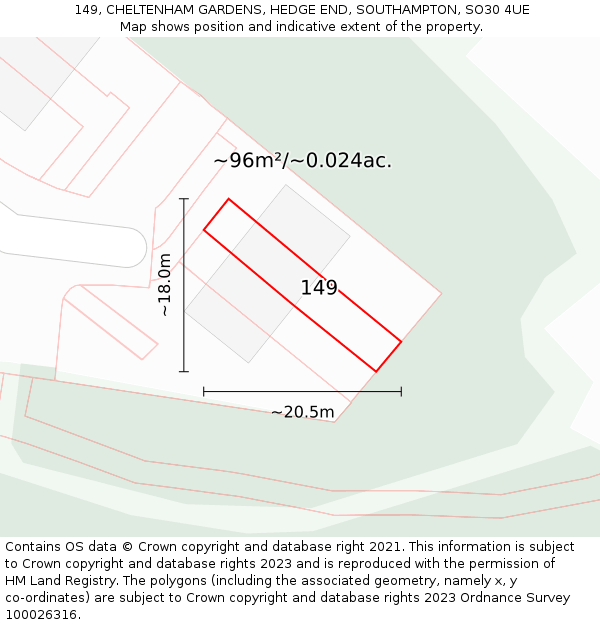 149, CHELTENHAM GARDENS, HEDGE END, SOUTHAMPTON, SO30 4UE: Plot and title map