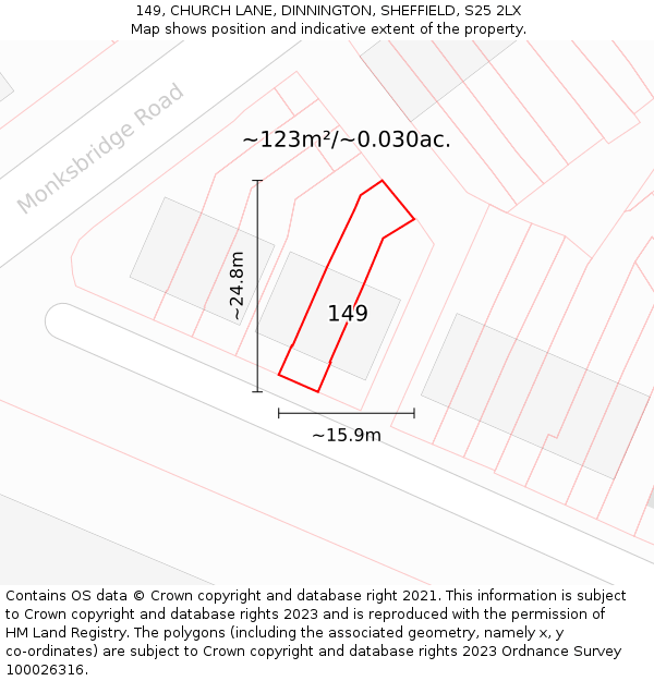 149, CHURCH LANE, DINNINGTON, SHEFFIELD, S25 2LX: Plot and title map