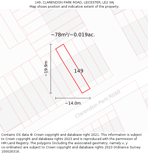 149, CLARENDON PARK ROAD, LEICESTER, LE2 3AJ: Plot and title map