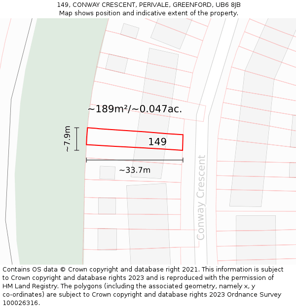 149, CONWAY CRESCENT, PERIVALE, GREENFORD, UB6 8JB: Plot and title map