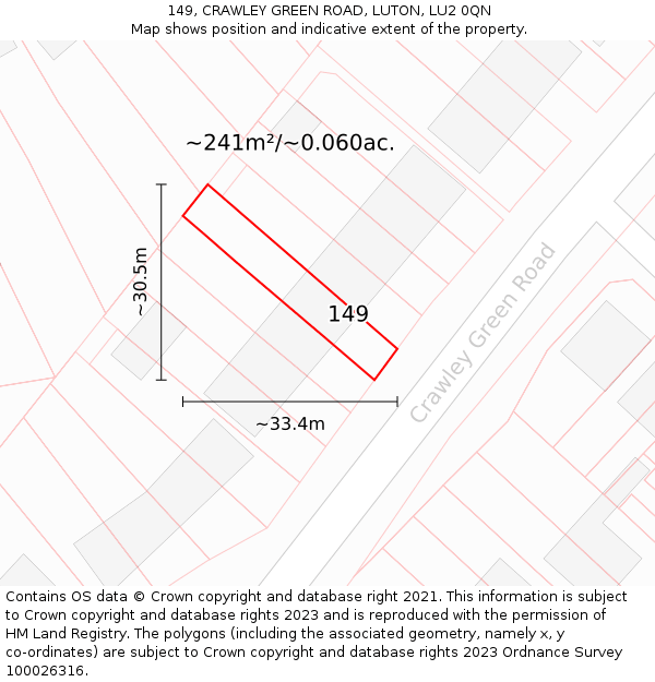 149, CRAWLEY GREEN ROAD, LUTON, LU2 0QN: Plot and title map