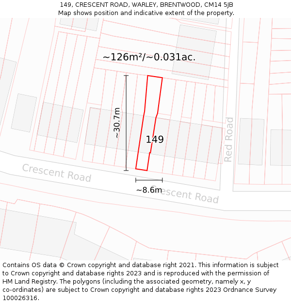 149, CRESCENT ROAD, WARLEY, BRENTWOOD, CM14 5JB: Plot and title map