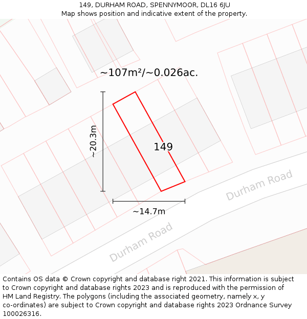 149, DURHAM ROAD, SPENNYMOOR, DL16 6JU: Plot and title map