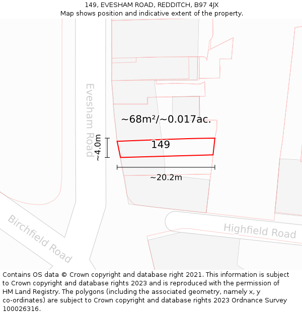 149, EVESHAM ROAD, REDDITCH, B97 4JX: Plot and title map
