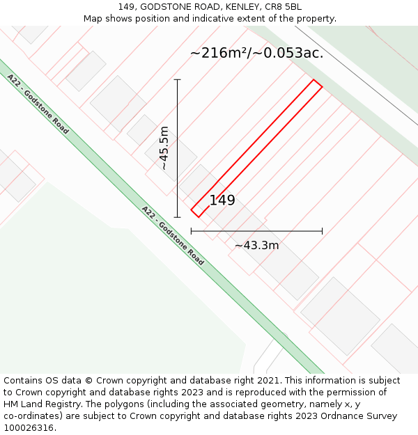 149, GODSTONE ROAD, KENLEY, CR8 5BL: Plot and title map