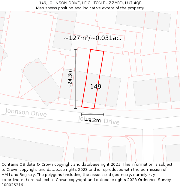 149, JOHNSON DRIVE, LEIGHTON BUZZARD, LU7 4QR: Plot and title map