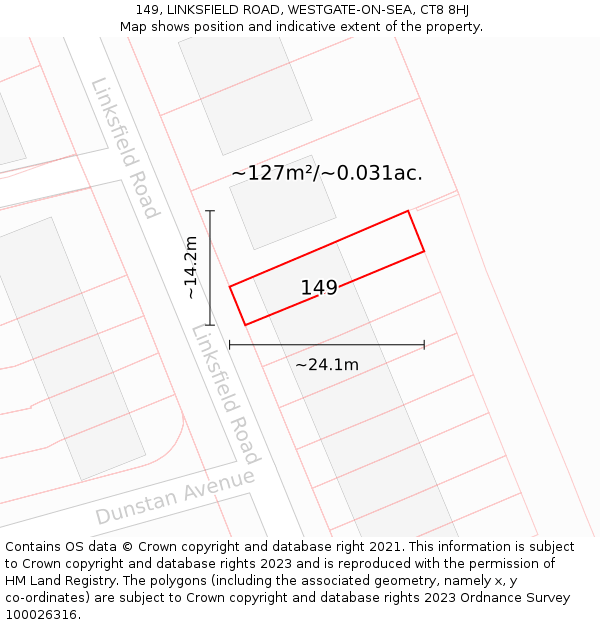 149, LINKSFIELD ROAD, WESTGATE-ON-SEA, CT8 8HJ: Plot and title map
