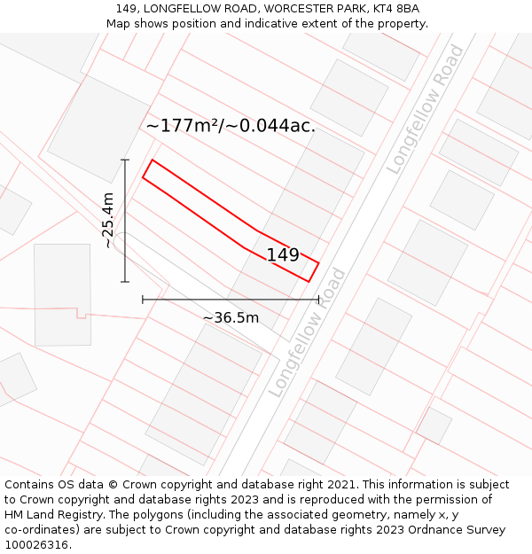 149, LONGFELLOW ROAD, WORCESTER PARK, KT4 8BA: Plot and title map