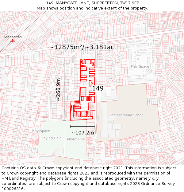 149, MANYGATE LANE, SHEPPERTON, TW17 9EP: Plot and title map