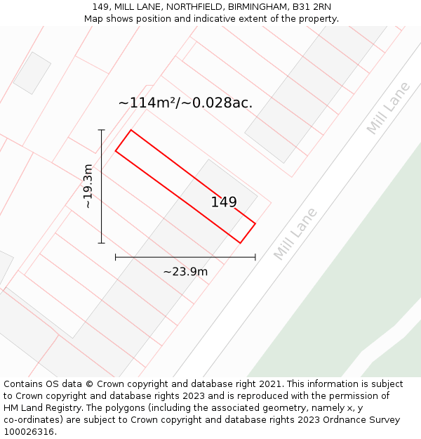 149, MILL LANE, NORTHFIELD, BIRMINGHAM, B31 2RN: Plot and title map