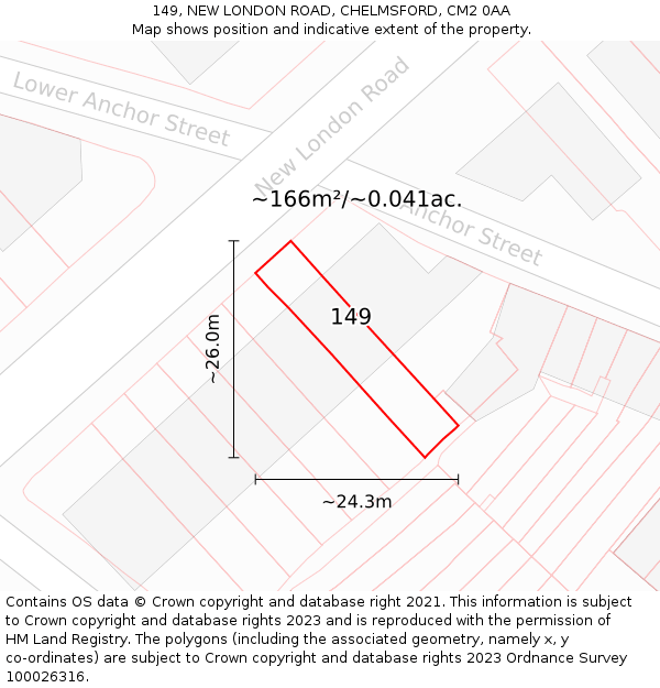149, NEW LONDON ROAD, CHELMSFORD, CM2 0AA: Plot and title map