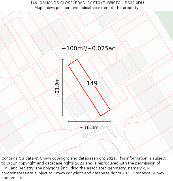 149, ORMONDS CLOSE, BRADLEY STOKE, BRISTOL, BS32 0DU: Plot and title map