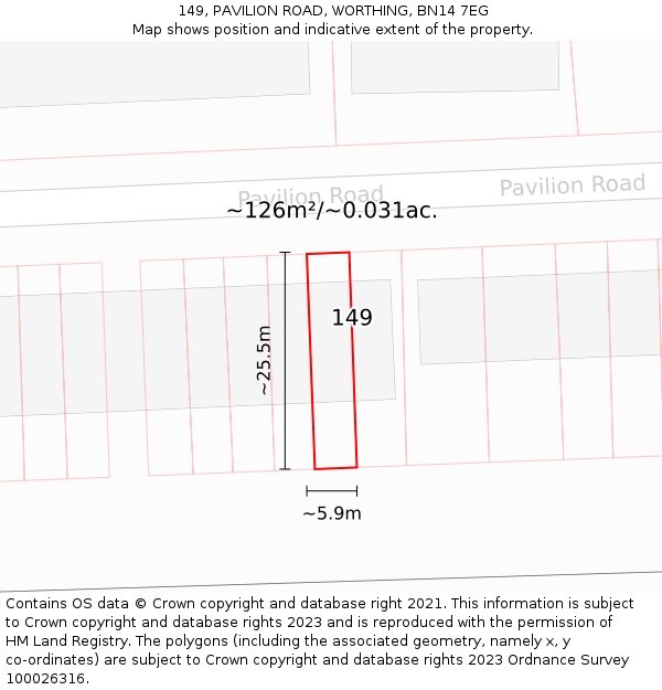 149, PAVILION ROAD, WORTHING, BN14 7EG: Plot and title map