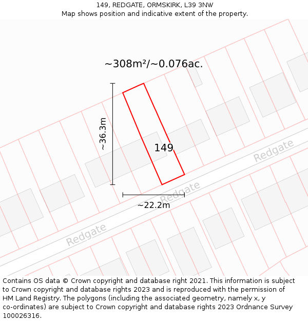 149, REDGATE, ORMSKIRK, L39 3NW: Plot and title map