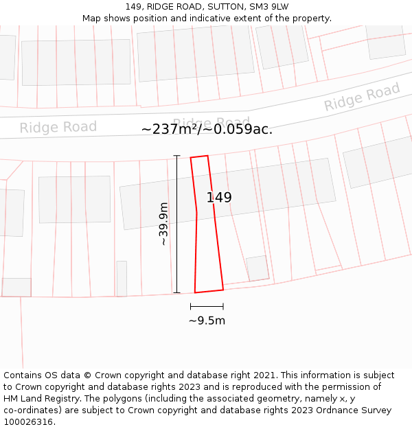149, RIDGE ROAD, SUTTON, SM3 9LW: Plot and title map