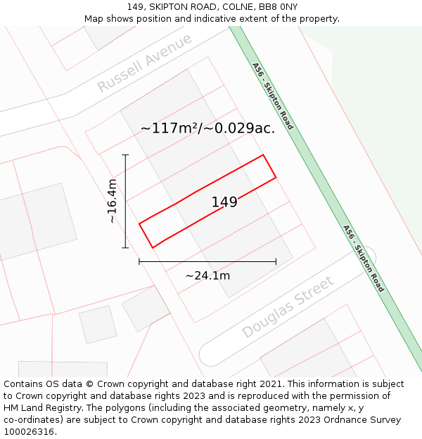 149, SKIPTON ROAD, COLNE, BB8 0NY: Plot and title map