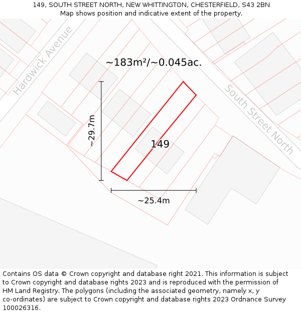 149, SOUTH STREET NORTH, NEW WHITTINGTON, CHESTERFIELD, S43 2BN: Plot and title map