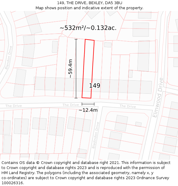 149, THE DRIVE, BEXLEY, DA5 3BU: Plot and title map