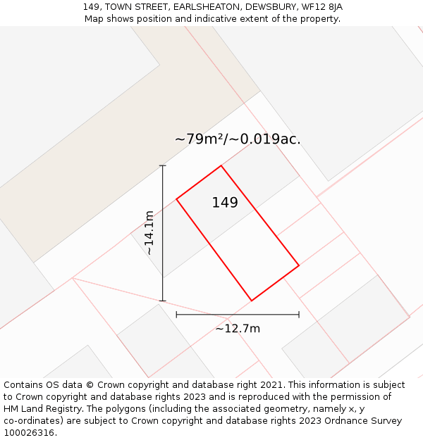 149, TOWN STREET, EARLSHEATON, DEWSBURY, WF12 8JA: Plot and title map