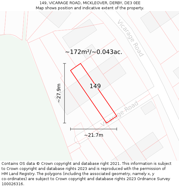 149, VICARAGE ROAD, MICKLEOVER, DERBY, DE3 0EE: Plot and title map