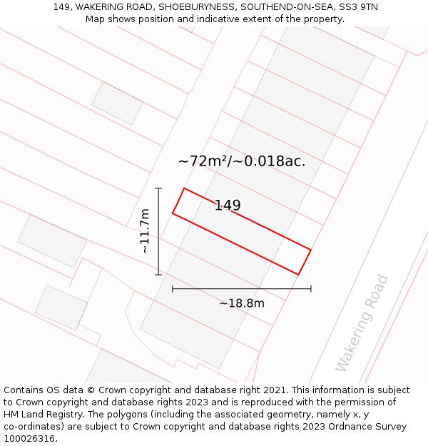 149, WAKERING ROAD, SHOEBURYNESS, SOUTHEND-ON-SEA, SS3 9TN: Plot and title map