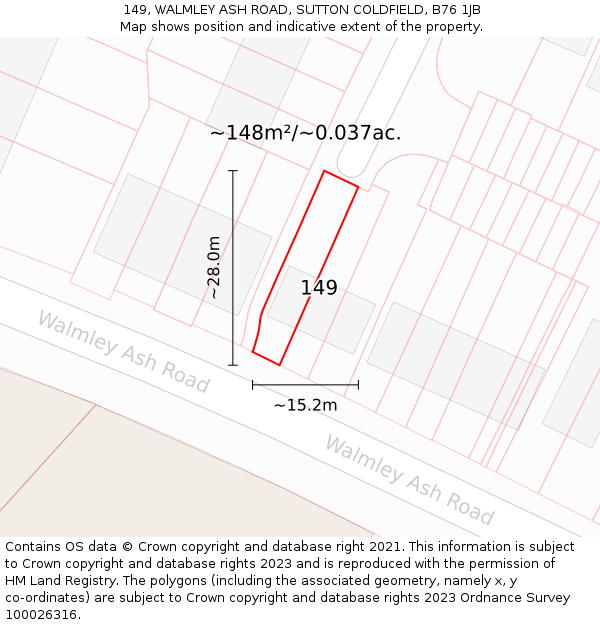 149, WALMLEY ASH ROAD, SUTTON COLDFIELD, B76 1JB: Plot and title map