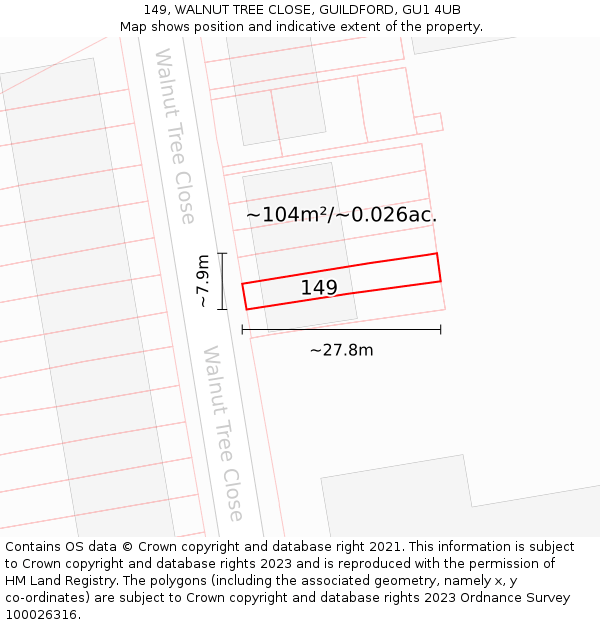 149, WALNUT TREE CLOSE, GUILDFORD, GU1 4UB: Plot and title map