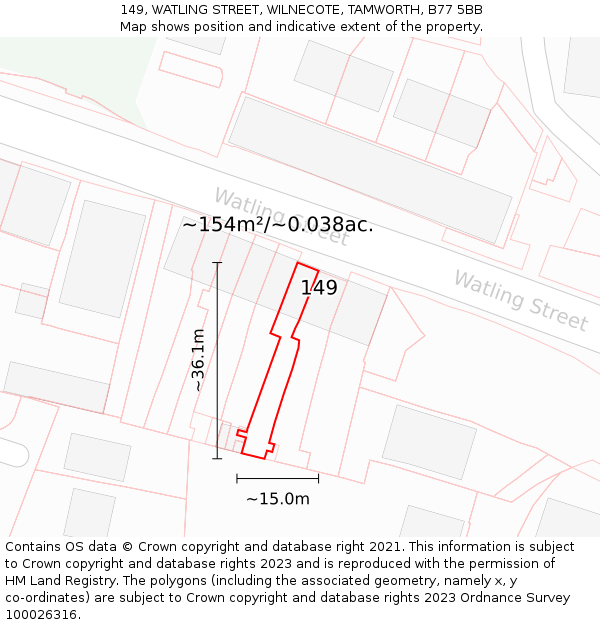 149, WATLING STREET, WILNECOTE, TAMWORTH, B77 5BB: Plot and title map