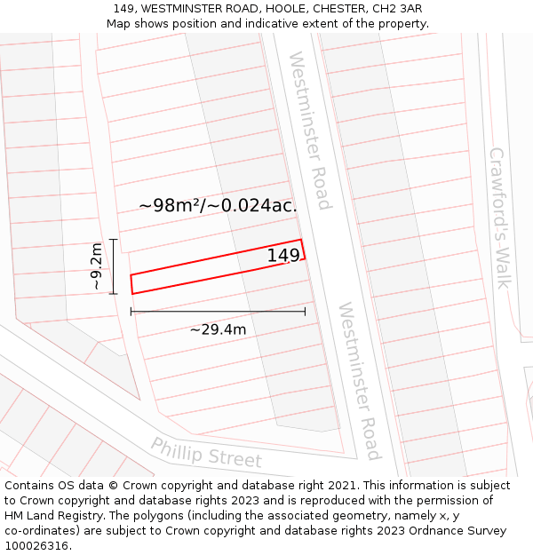 149, WESTMINSTER ROAD, HOOLE, CHESTER, CH2 3AR: Plot and title map