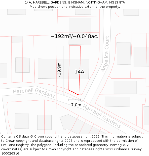 14A, HAREBELL GARDENS, BINGHAM, NOTTINGHAM, NG13 8TA: Plot and title map