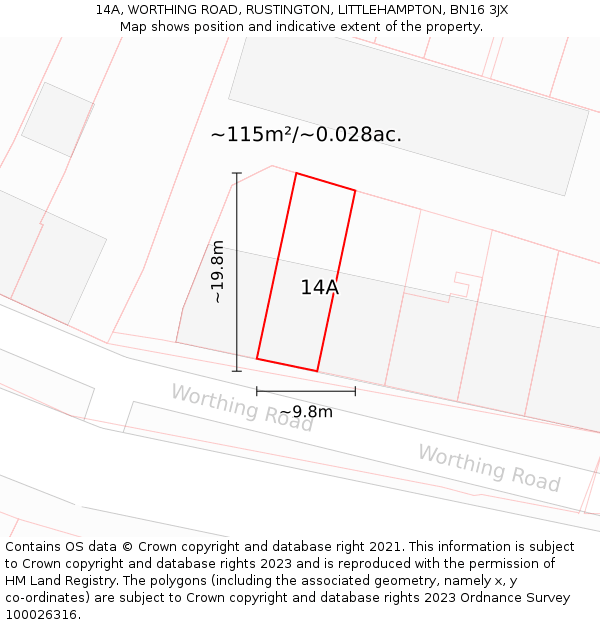 14A, WORTHING ROAD, RUSTINGTON, LITTLEHAMPTON, BN16 3JX: Plot and title map
