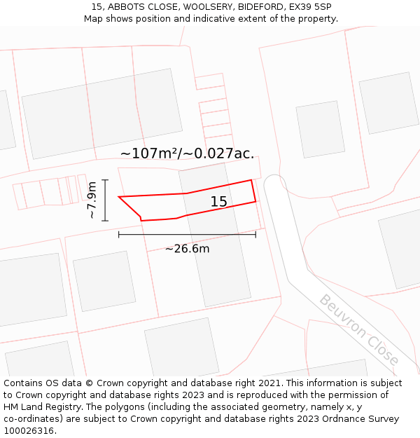 15, ABBOTS CLOSE, WOOLSERY, BIDEFORD, EX39 5SP: Plot and title map