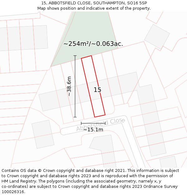 15, ABBOTSFIELD CLOSE, SOUTHAMPTON, SO16 5SP: Plot and title map
