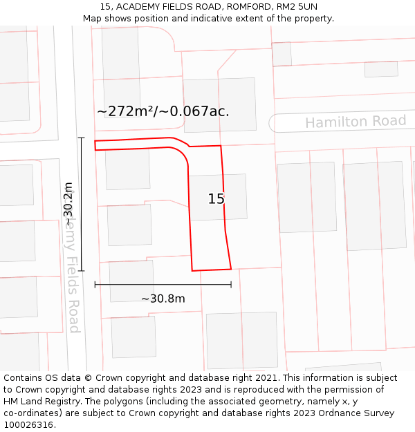 15, ACADEMY FIELDS ROAD, ROMFORD, RM2 5UN: Plot and title map