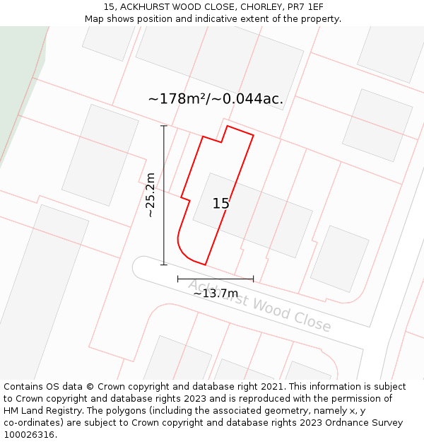 15, ACKHURST WOOD CLOSE, CHORLEY, PR7 1EF: Plot and title map