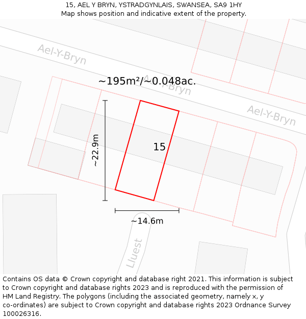 15, AEL Y BRYN, YSTRADGYNLAIS, SWANSEA, SA9 1HY: Plot and title map