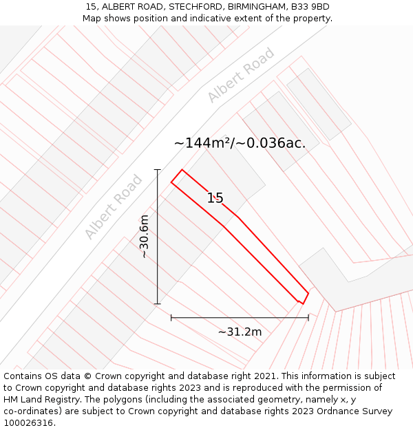 15, ALBERT ROAD, STECHFORD, BIRMINGHAM, B33 9BD: Plot and title map
